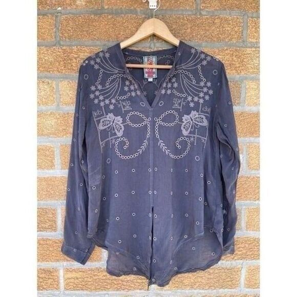 Johnny WasNAPLE TIE TOP Graphite Gray Size XS Extra small Blouse Shirt Detail!